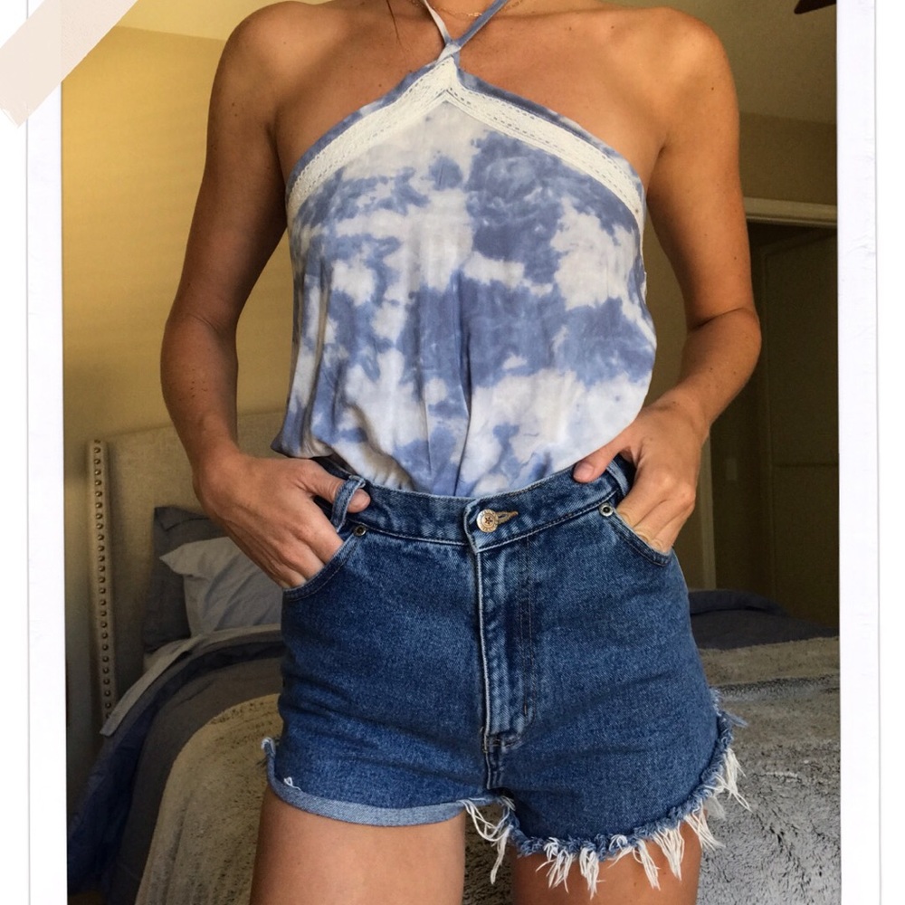 Blue and white tie-dye halter top
